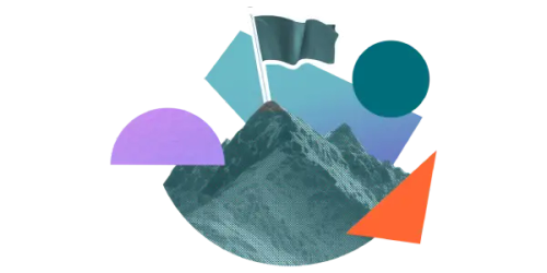 A colourful, collage-style image of a mountain with a flag at the top