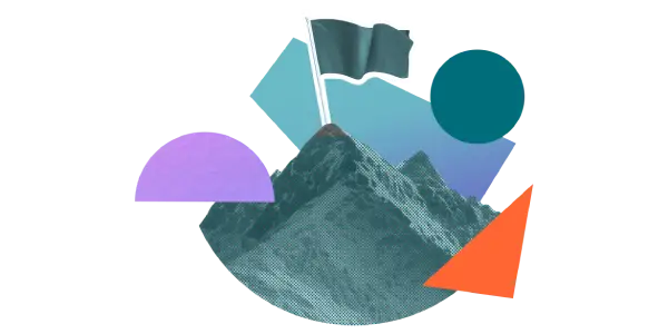 A mountain and a flag surrounded by colourful shapes