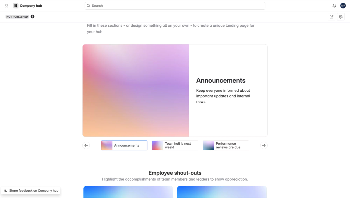 A screenshot of Confluence's inbuilt company hub feature as it looks when you've just opened it for the first time.