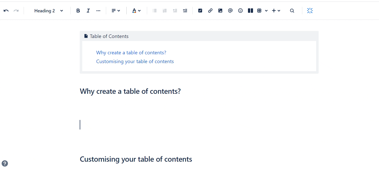 A GIF of a user adding a new heading to a Confluence page, with the new heading appearing in the table of contents