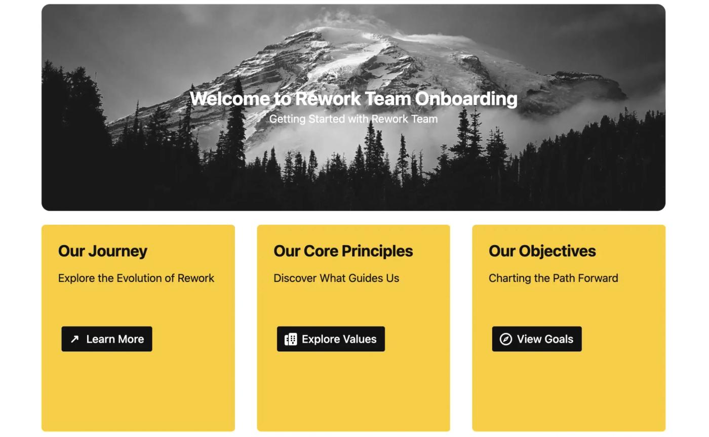 A Confluence onboarding page with links to the company objectives, principles and journey