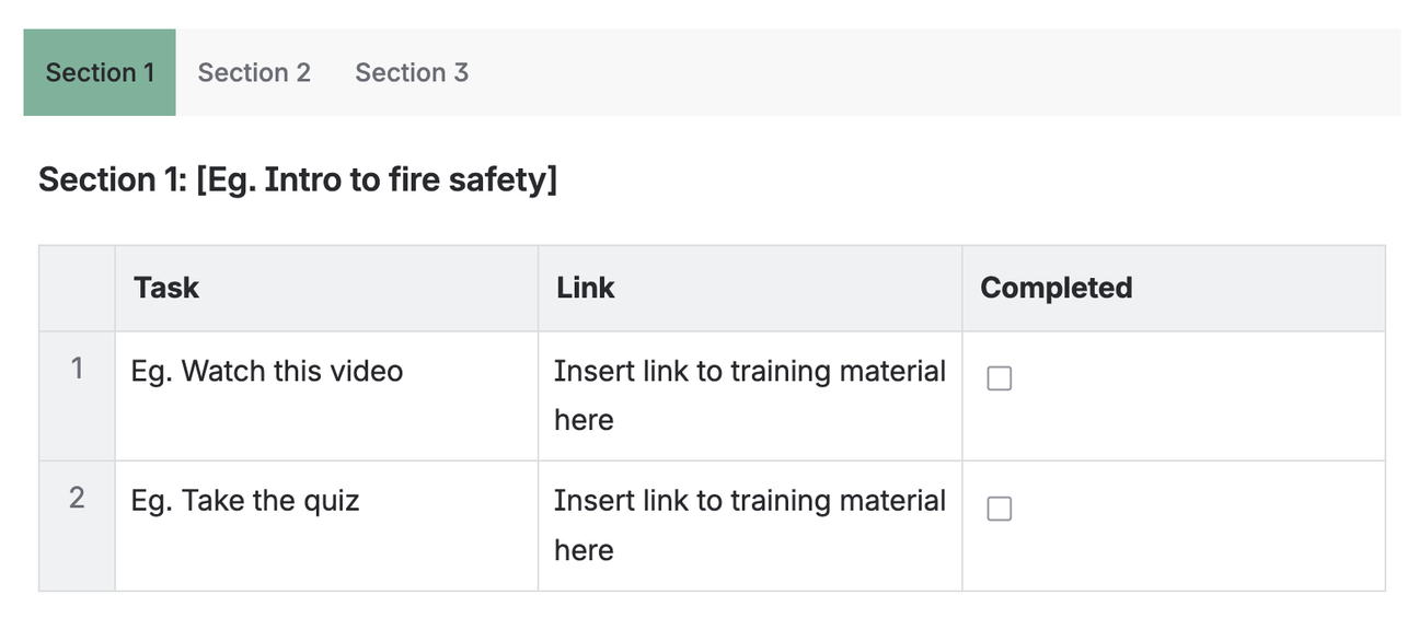 Part of the Training Page Template for Confluence displaying clear sections and steps under tabs, labeled Section 1, 2, and 3 respectively