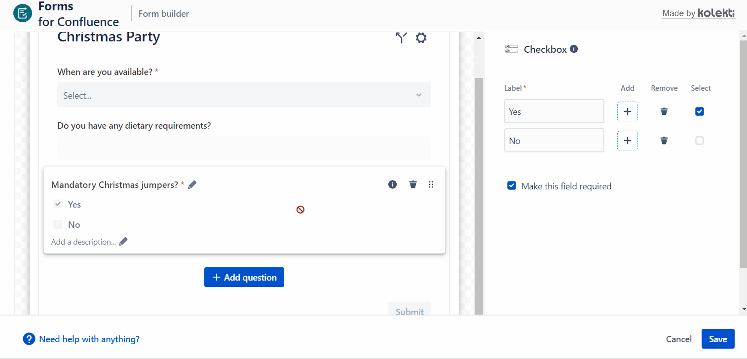 A GIF of a user moving a question in the Forms for Confluence editor