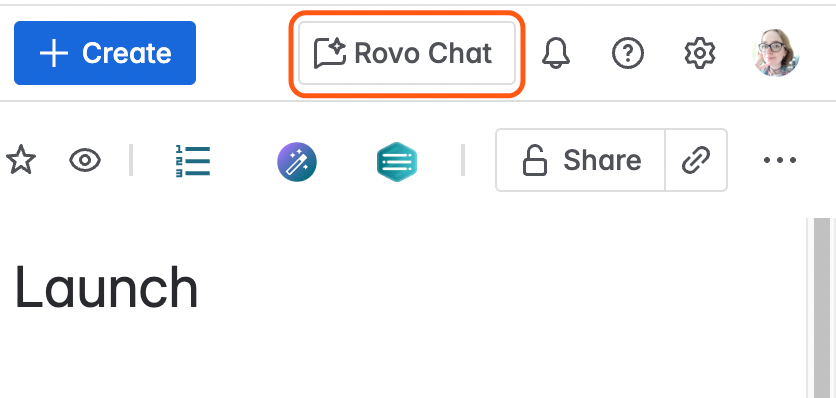 The Rovo Chat button circled on a Confluence page