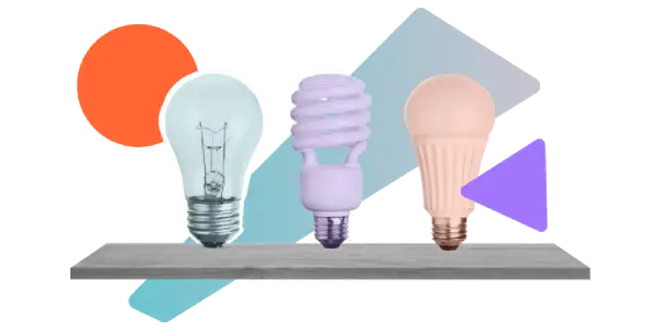 Three lightbulbs in a row surrounded by colourful shapes