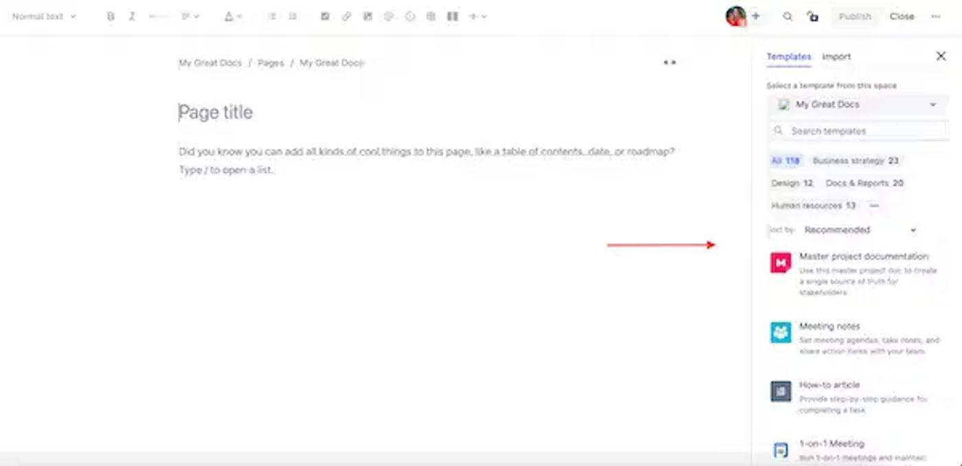 A screenshot of Confluence with an arrow pointing to the templates sidebar