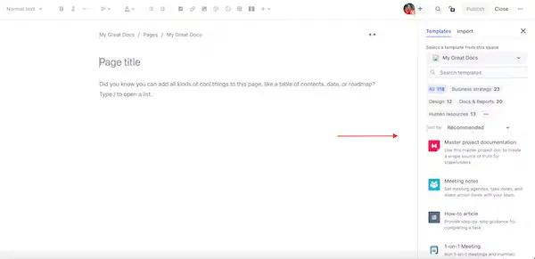 A screenshot of Confluence with an arrow pointing to the templates sidebar