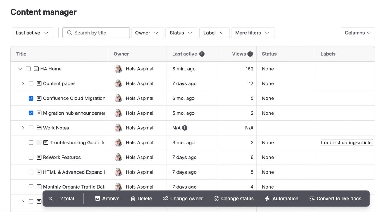 Screenshot showing a list of pages in Confluence's content manager. Two pages are highlighted and a toolbar at the bottom shows various management actions, such as Archive and Delete.