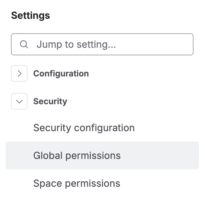 Screenshot showing the Global permissions option in Confluence admin settings