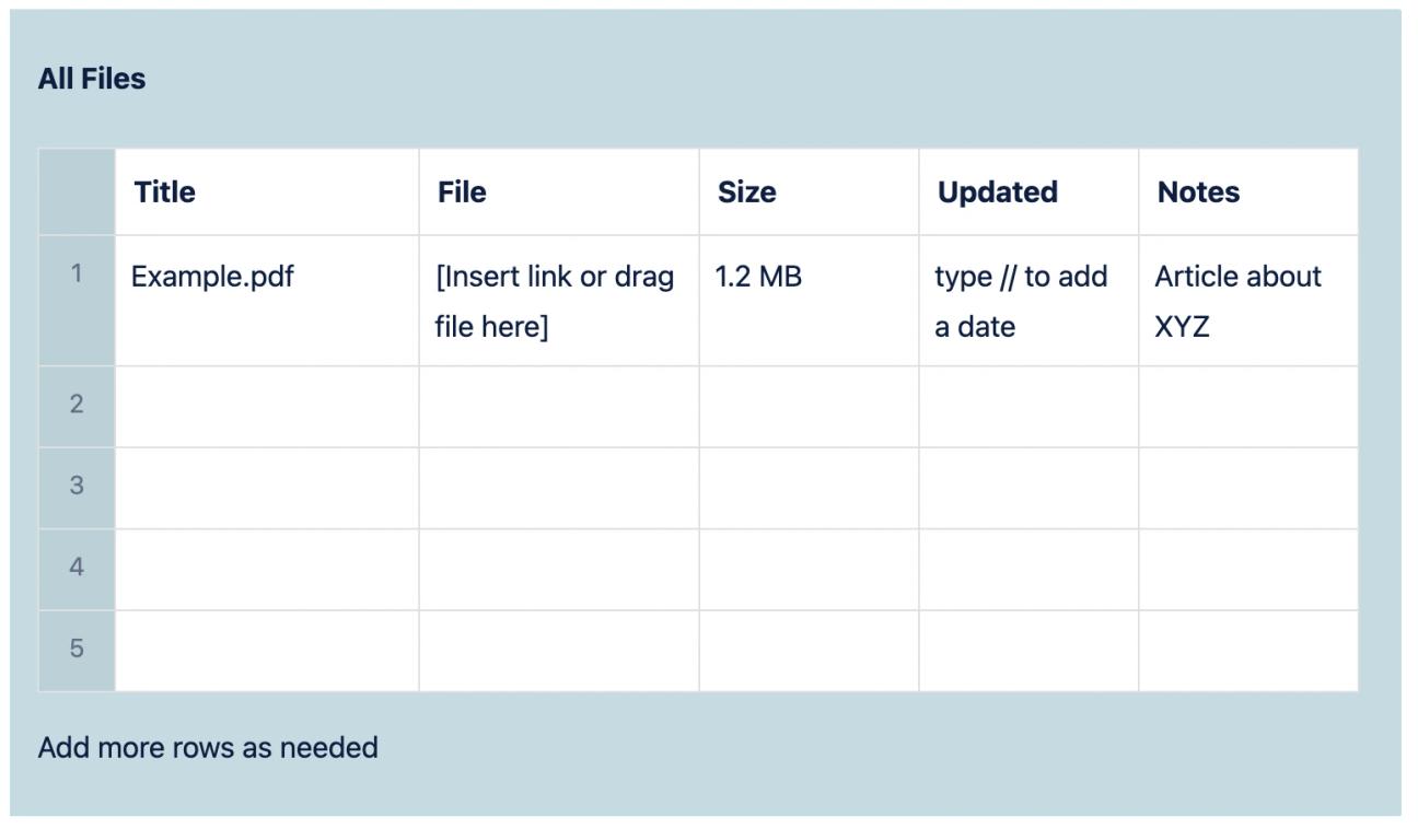The catalogue part of the File List Template for Confluence, showing a table of files and their details.