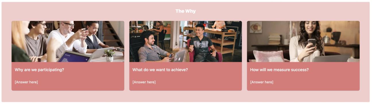 The "Why?" part of the template for Confluence with colourful backgrounds and imagery.