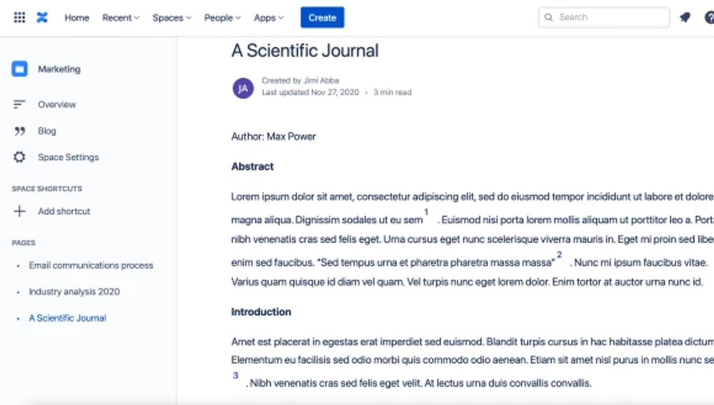 A screenshot of a Confluence page with citations in the text