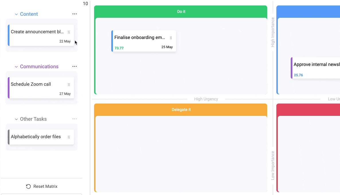 A gif showing a cursor dragging monday.com items onto an Eisenhower Priority Matrix