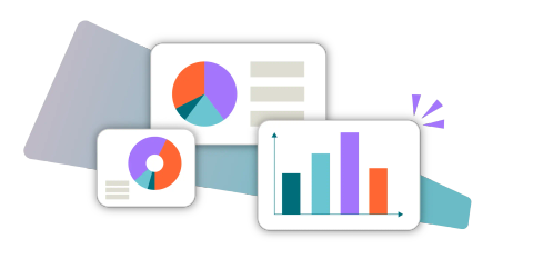 Three colourful graphs including two pie charts on a stylised background