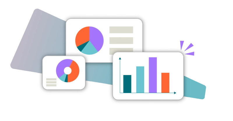 Three colourful graphs including two pie charts on a stylised background