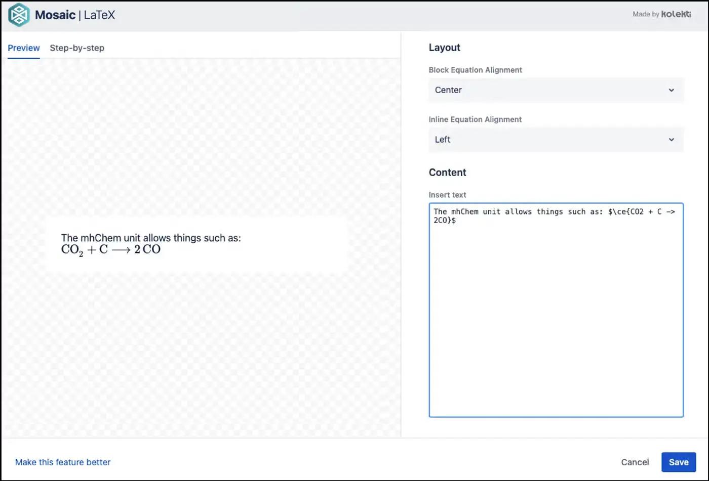 The LaTeX for Confluence editor with a molecular equation in the text box