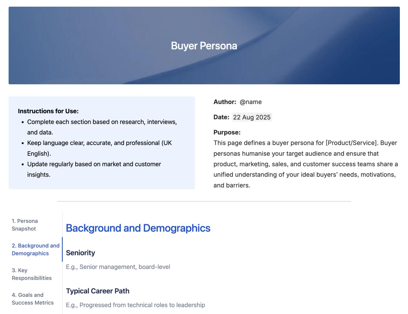 The top half of Mosaic's buyer persona for Confluence, showing the heading in a blue background, instructions for use, an overview of the page, and some of the tabs, with the 'Background and Demographics' tab open.