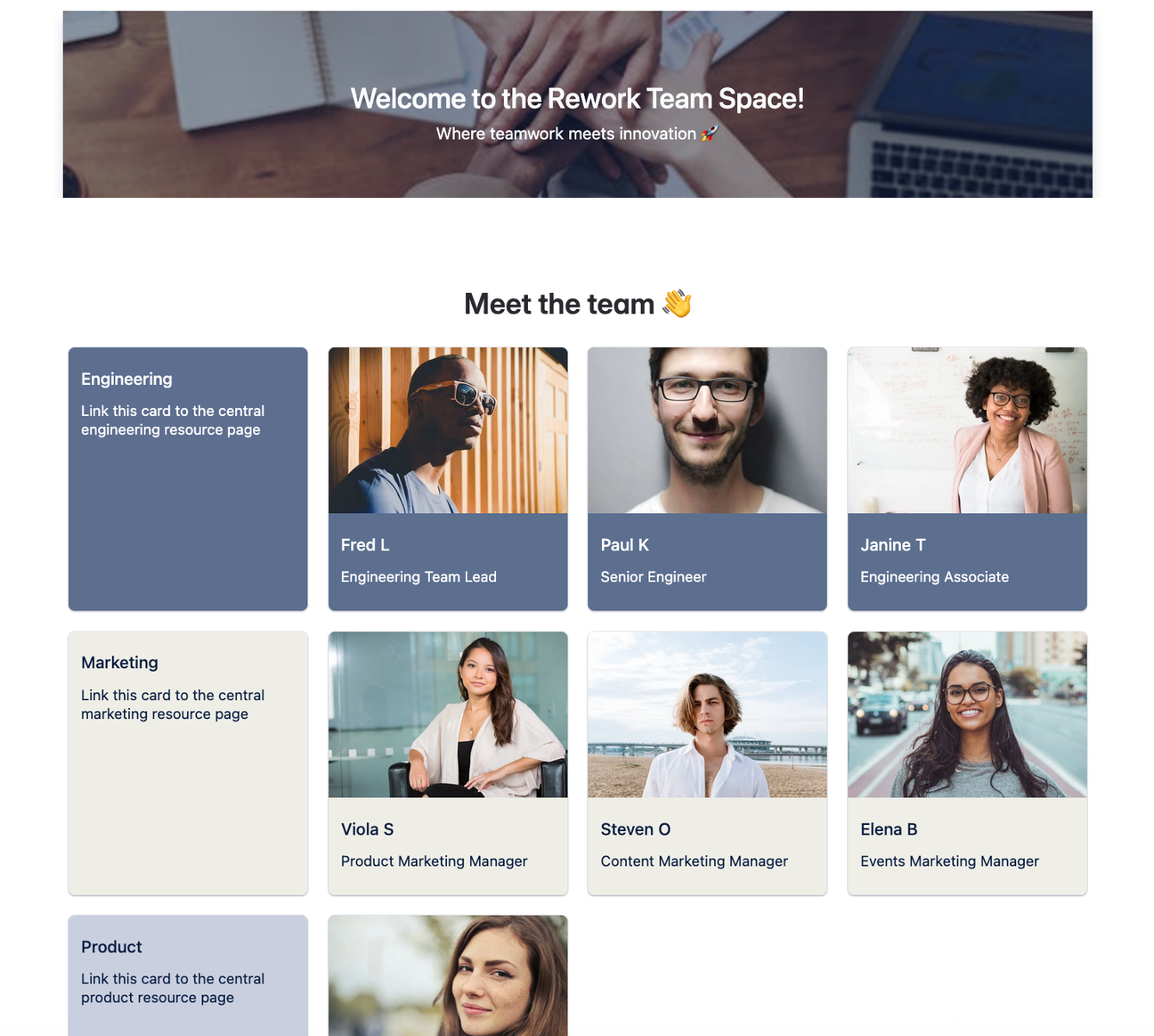 Screenshot of a team page showcasing team member profiles in Confluence Cloud