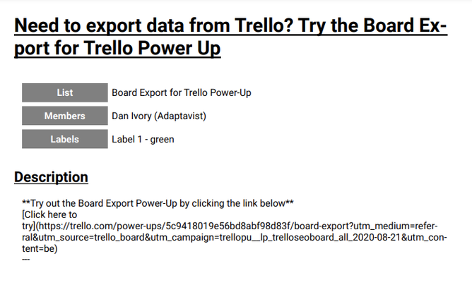 A PDF from Board Export for Trello before the update