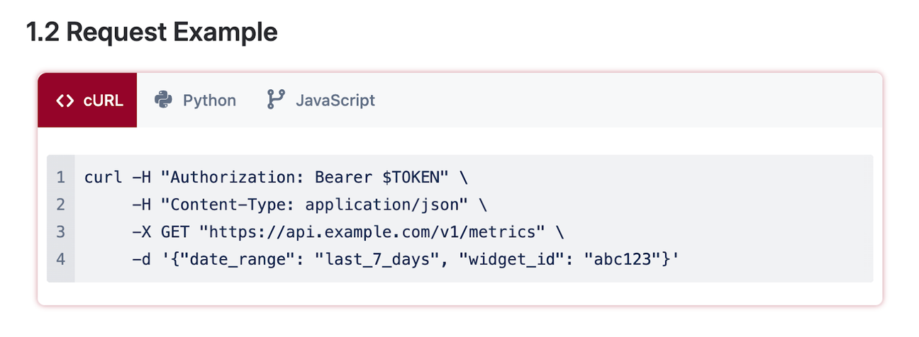 A group of three tabs with each tab for a programming language, with the first tab showing four lines of cURL code