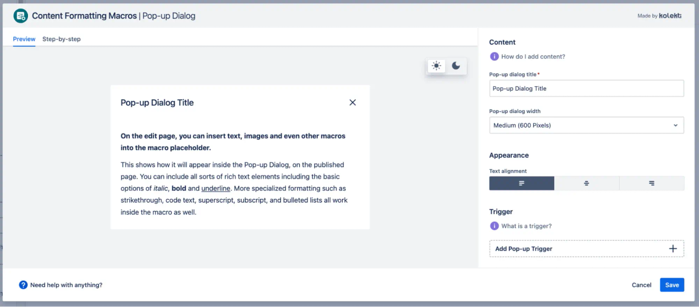 The Pop-up Dialog editor in Confluence with customisation options