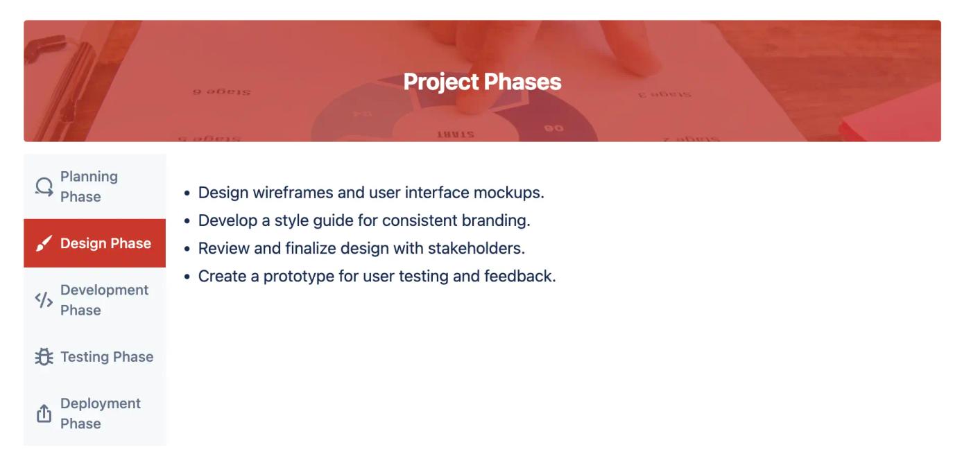 Tabbed content on a Confluence page showing different project phases