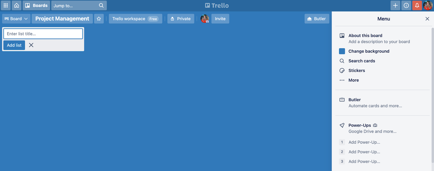 A screenshot of a newly-created Trello board