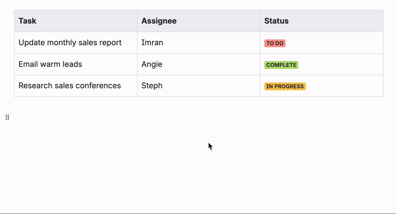 Animated gif of a user clicking to delete a table in Confluence Cloud