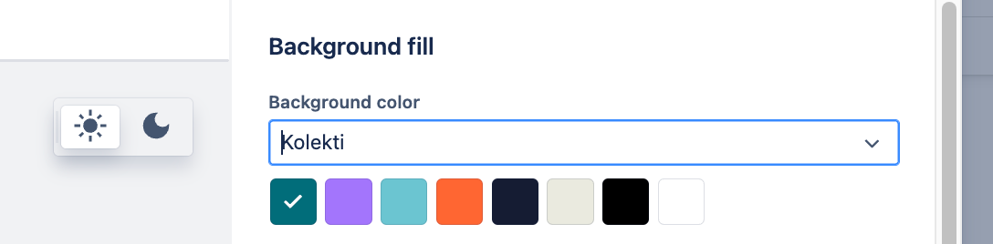 A Confluence "background fill" colour swatch with the Kolekti teal brand colour selected