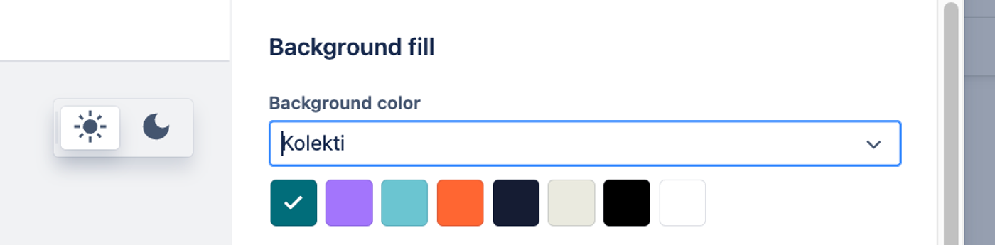 A Confluence background colour selection menu with a teal swatch from the "Kolekti" brand colours selected