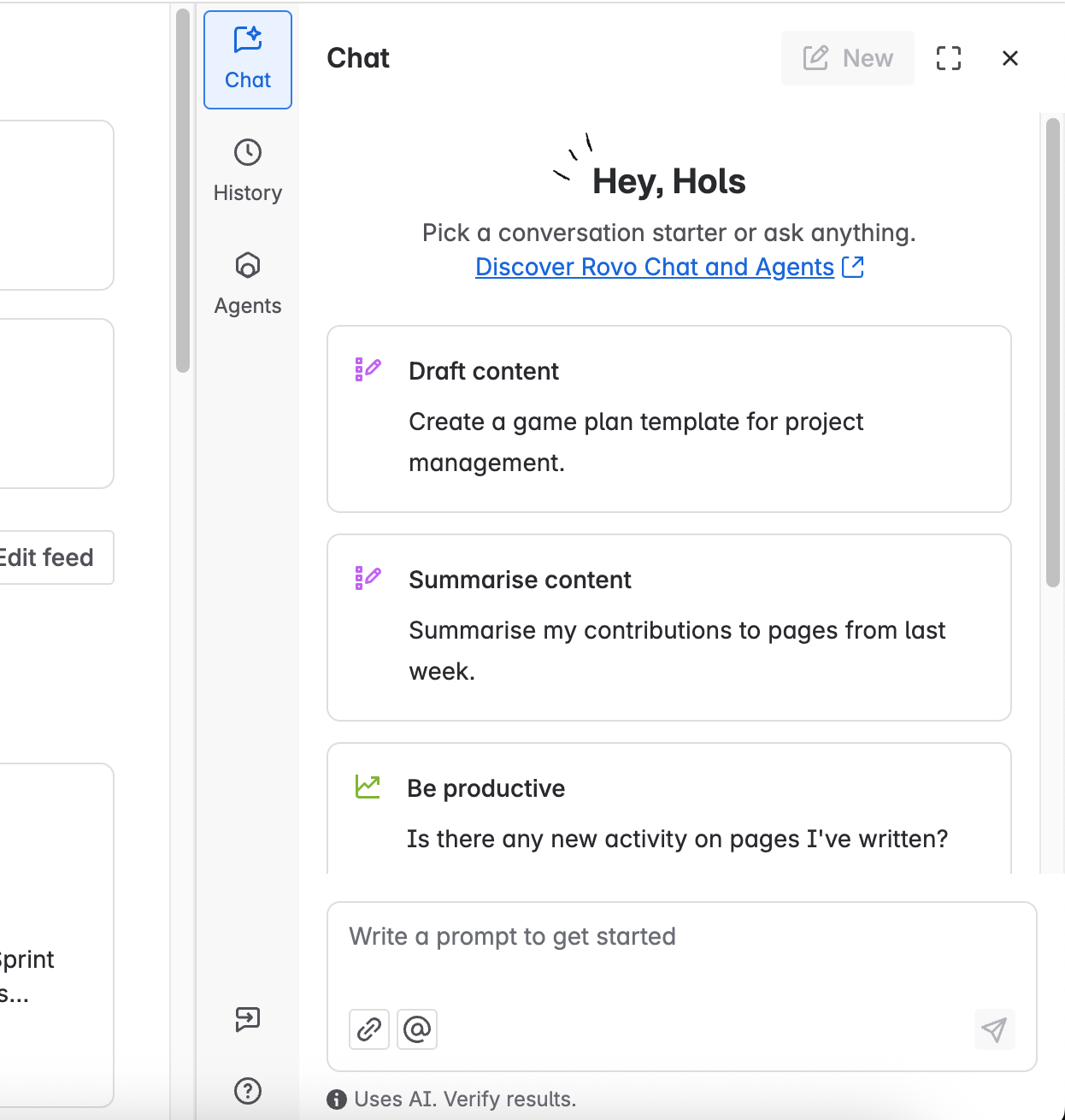 Screenshot of Rovo's chat interface with three message prompts and a message box