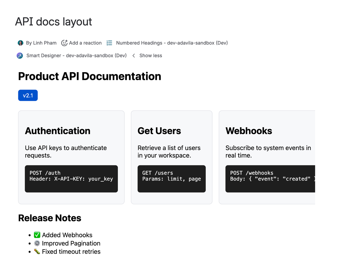 A page showing product API documentation, with three grey columns