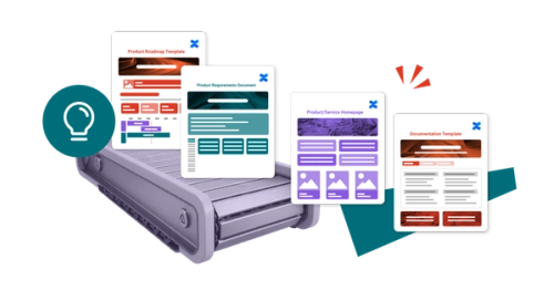 A collage-style image of conveyor belt, four Confluence page templates, and an icon of a rocket