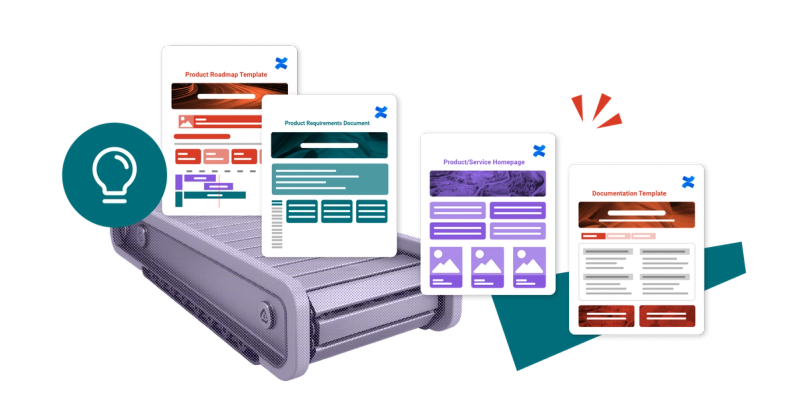 A collage-style image of conveyor belt, four Confluence page templates, and an icon of a rocket