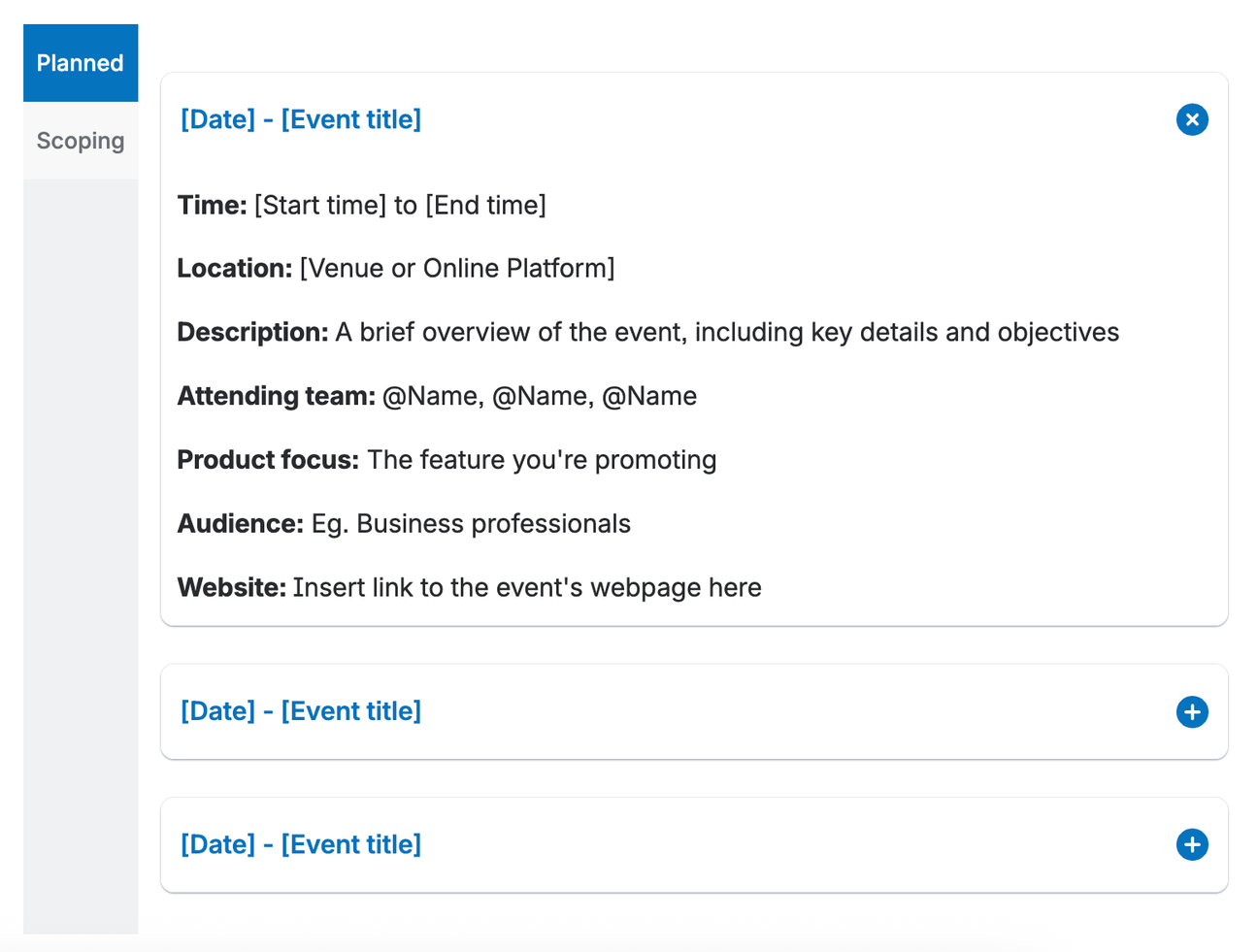 A screenshot of the Events Calendar Template for Confluence showing event details in collapsible sections within the tab titled "Planned"