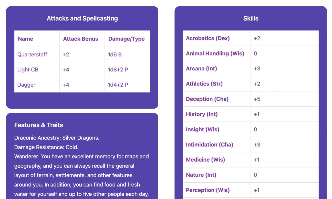 A screenshot of the Attacks and Spellcasting, Skills, and Features & Traits sections of the fantasy character sheet