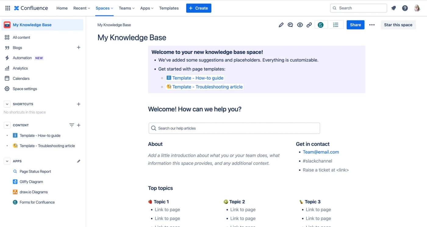 A Confluence space showing a knowledge base homepage and various links to other content