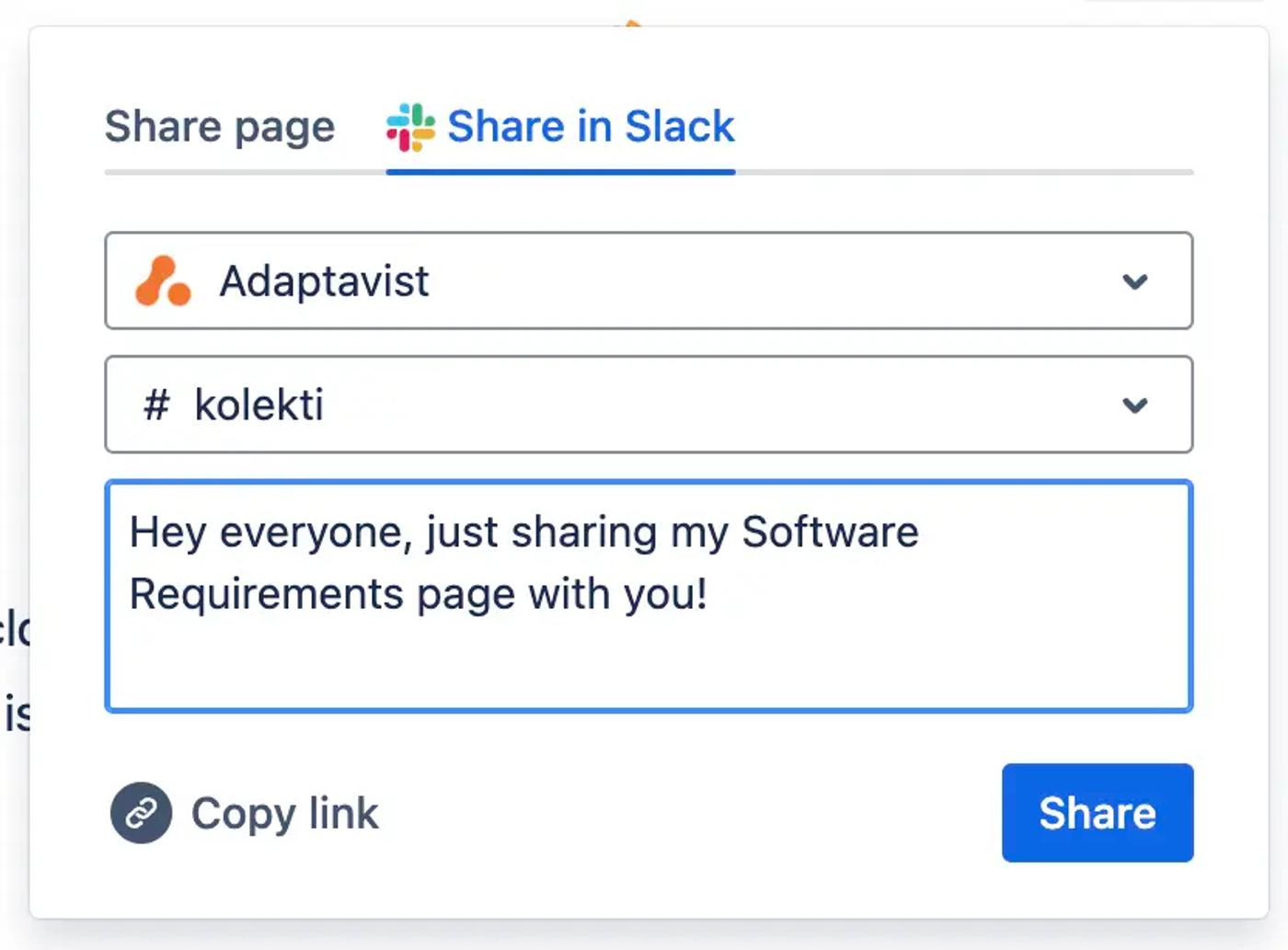 The Confluence Share page dialog showing Slack channels and a message