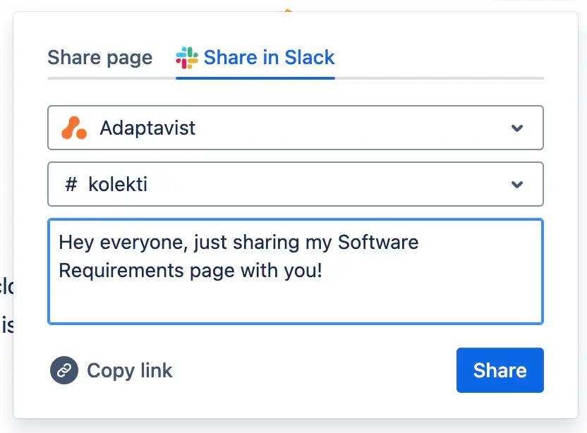 The Confluence Share page dialog showing Slack channels and a message