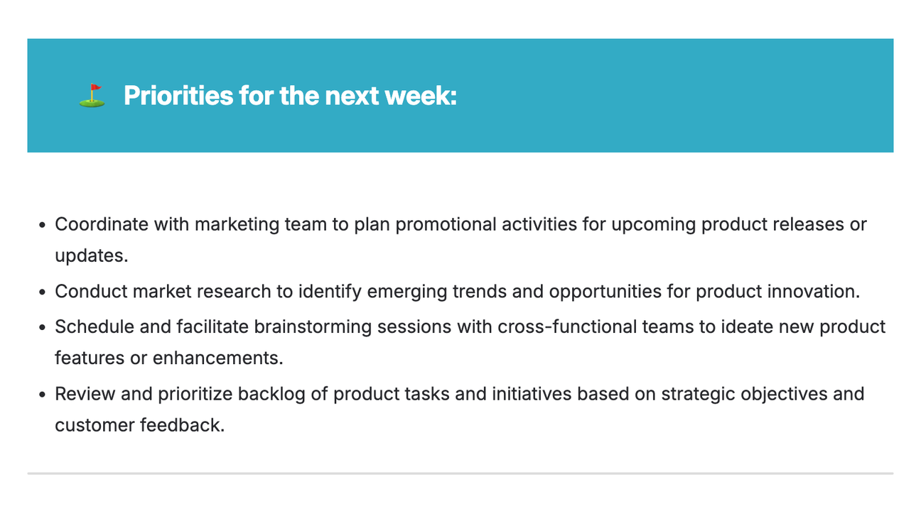 A screenshot of part of the 1-2-1 Meeting Notes Template for Confluence, showing a section titled "Priorities for the next week" and bullet points below.