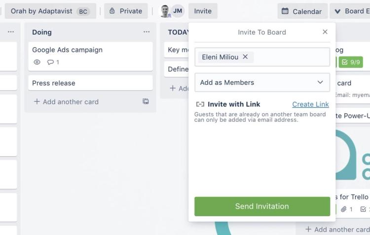 A screenshot of the invitation window on a Trello board