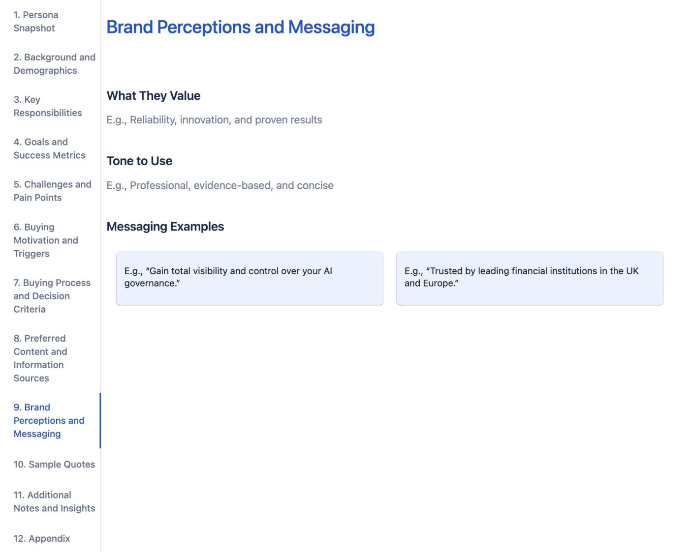 The 'Brand Perceptions and Messaging' tab of the buyer persona, showing three subheadings, including 'Messaging Examples' with example messages displayed neatly in light blue cards.
