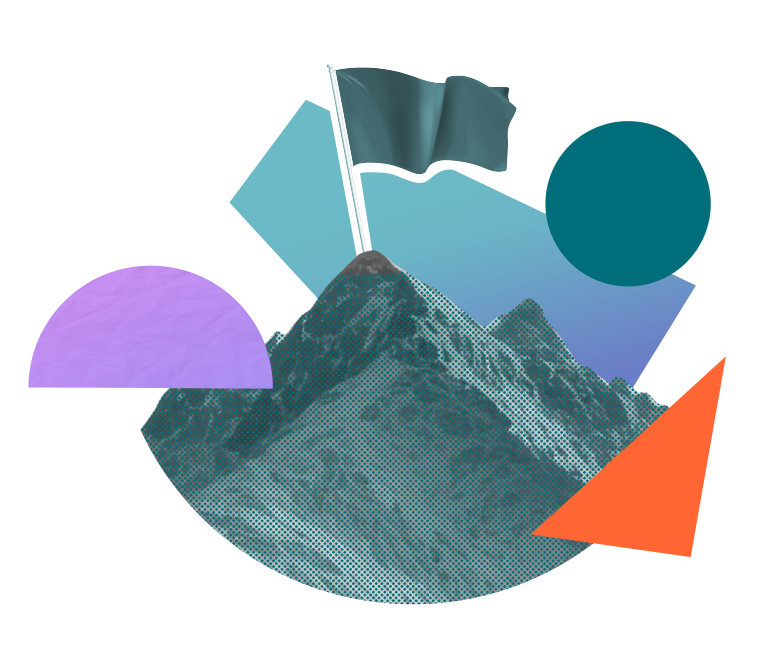 A colourful, stylised image of a mountain with a flag at the top