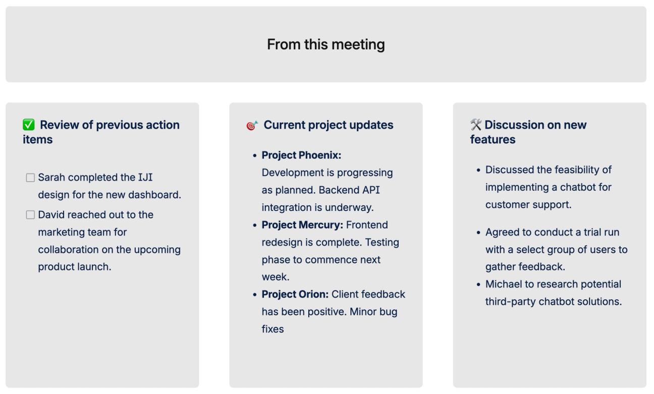 A screenshot of the second portion of the Meeting Notes Template for Confluence, titled "From this meeting" and showing various discussion points in segments below the heading.