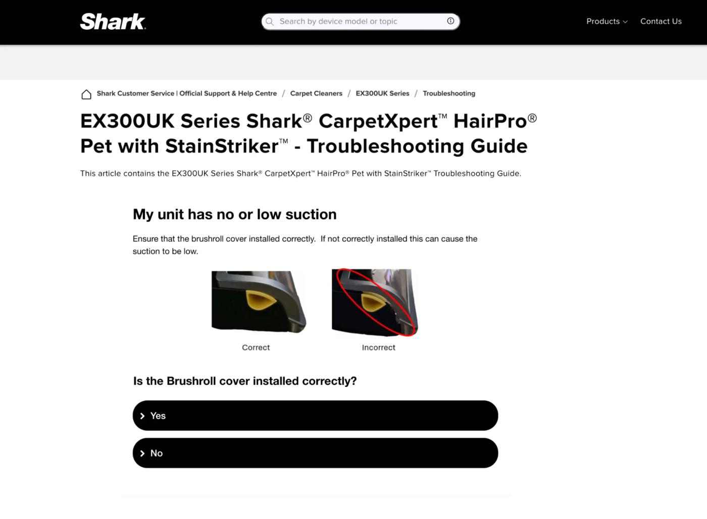 A step-by-step troubleshooting guide on Shark.com