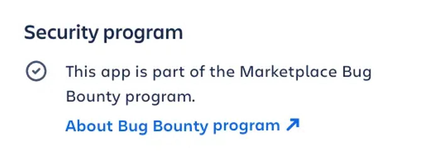 A badge showing an app is part of the Atlassian Marketplace Bug Bounty program