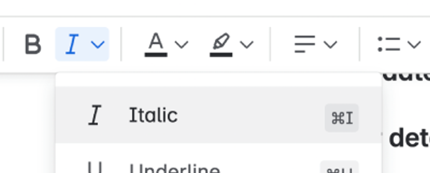 A screenshot of the Confluence page text for, with the italic text button circled