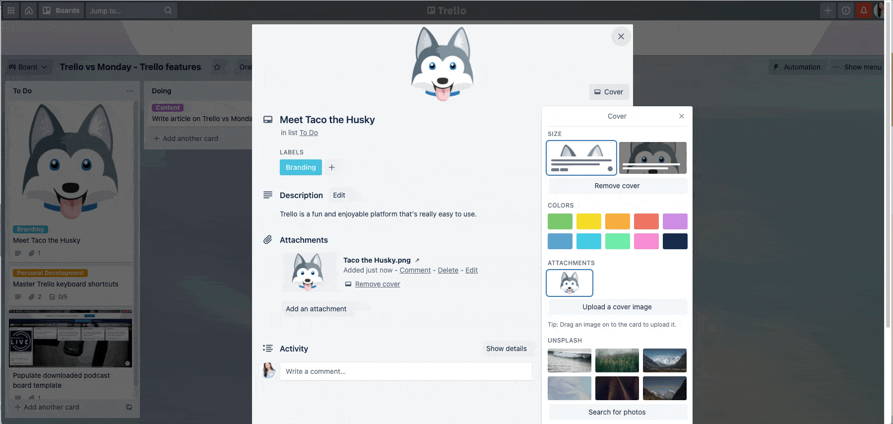 A gif of an image, checklist, label, and due date being added to a card in Trello