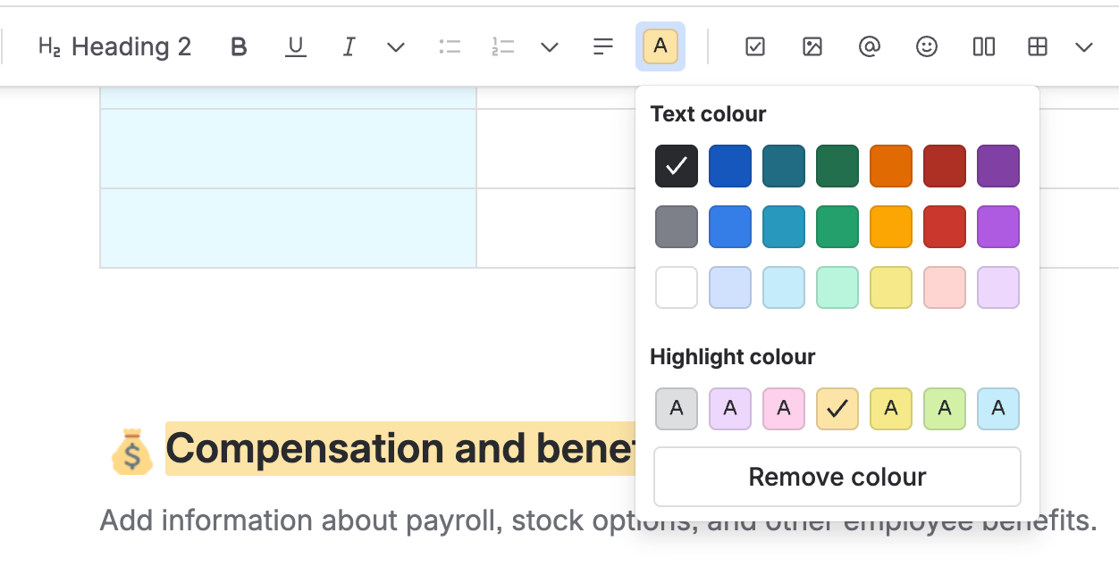 Screenshot of a Confluence page with text formatting options shown, including heading style, text colour, and highlight colour