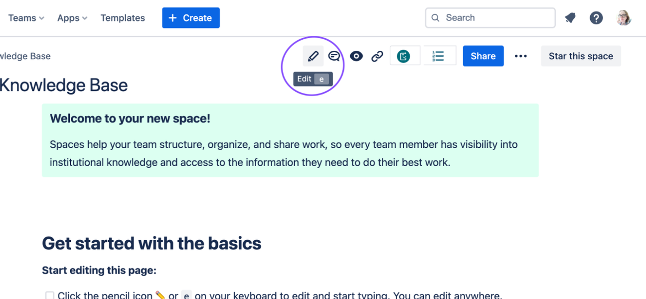 A Confluence page with the Edit button circled